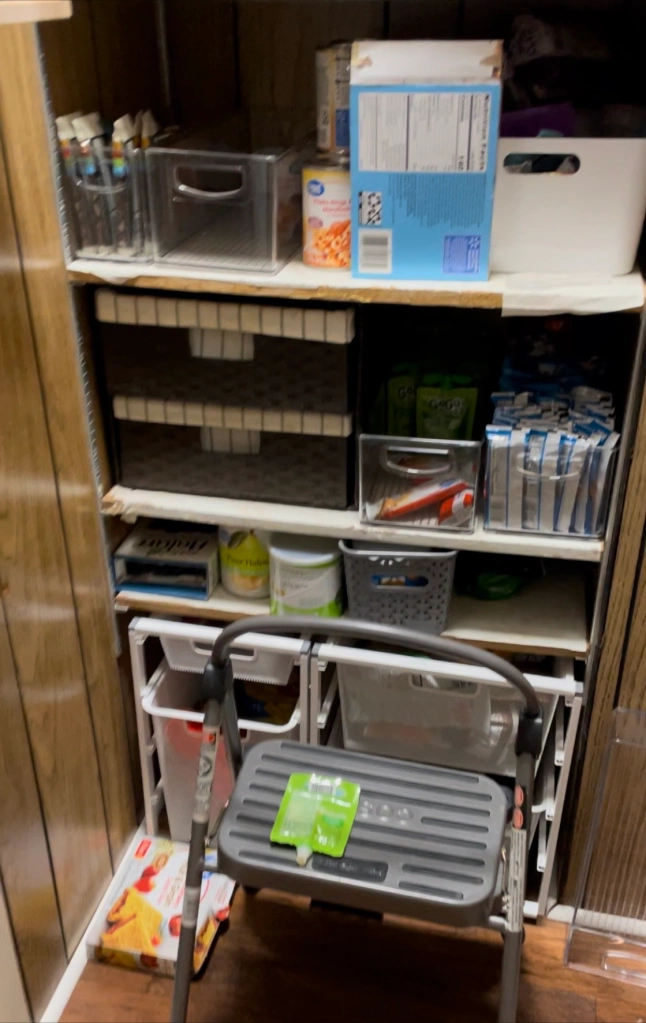 cluttered pantry shelves