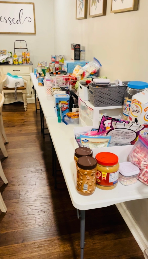 food items spread out on folding tables