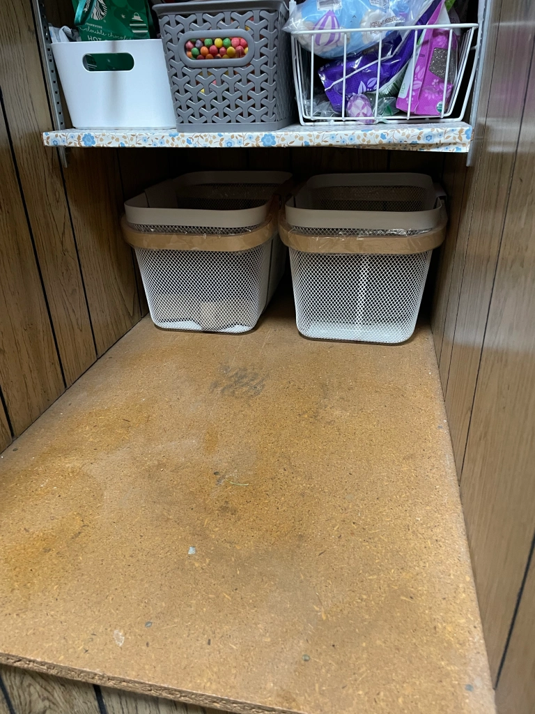 white wire baskets on deep shelf