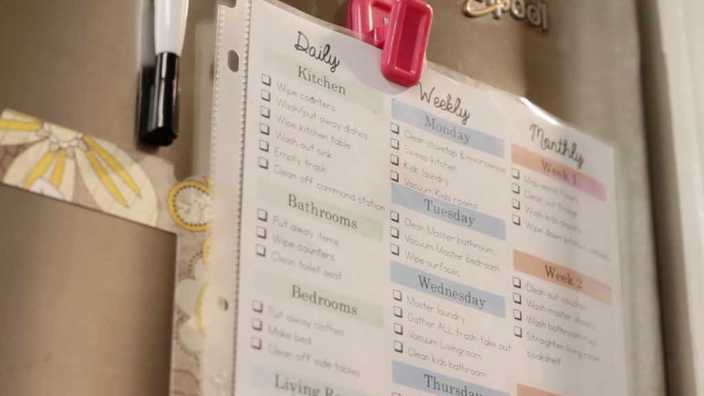 Cleaning schedule in a sheet protector hanging on the fridge with a clip magnet