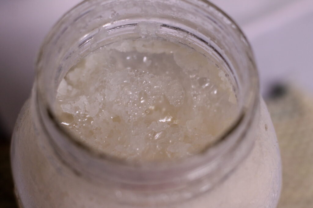 foam of potato flake starter at the top of a mason jar