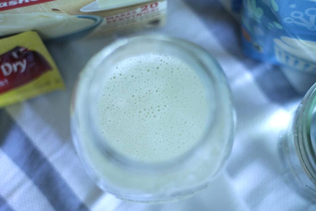 aerial view of potato flake starter inside jar