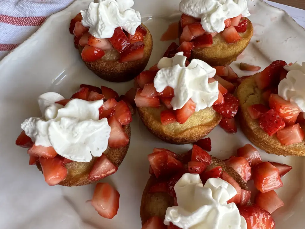 close up of topped sourdough strawberry shortcakes