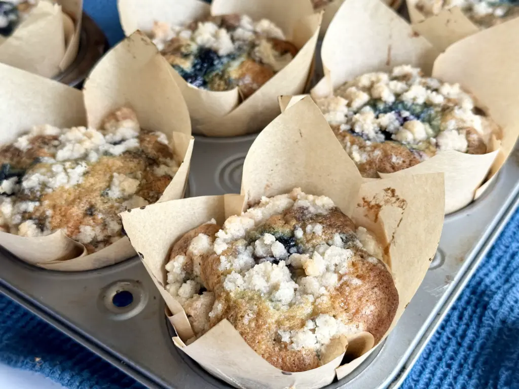 up close of blueberry muffins in muffin pan