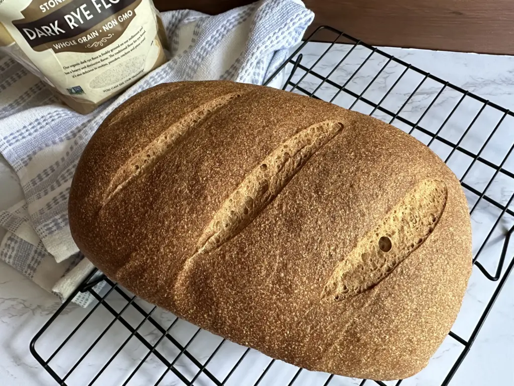 Potato Flake Sourdough Rye Bread on wire rack