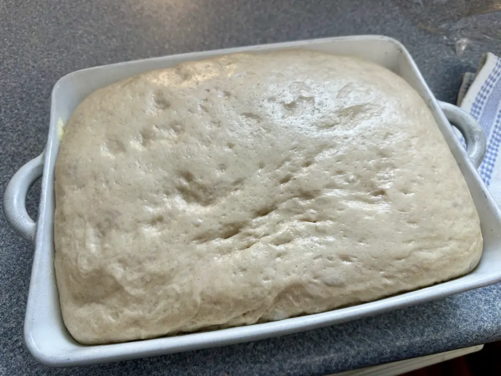 second rise of cinnamon roll focaccia