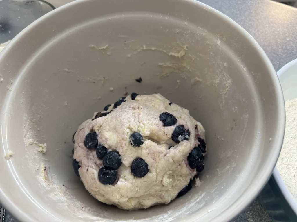 potato flake sourdough lemon blueberry scone dough with blueberries added
