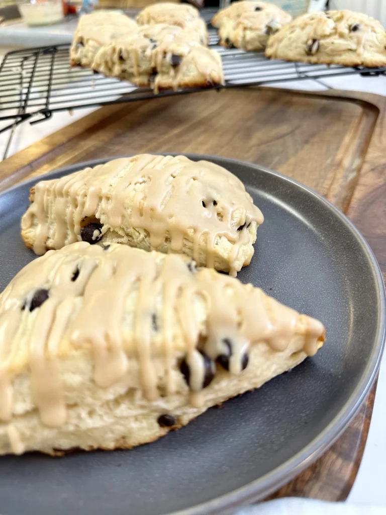 potato flake sourdough chocolate chip scones with glaze