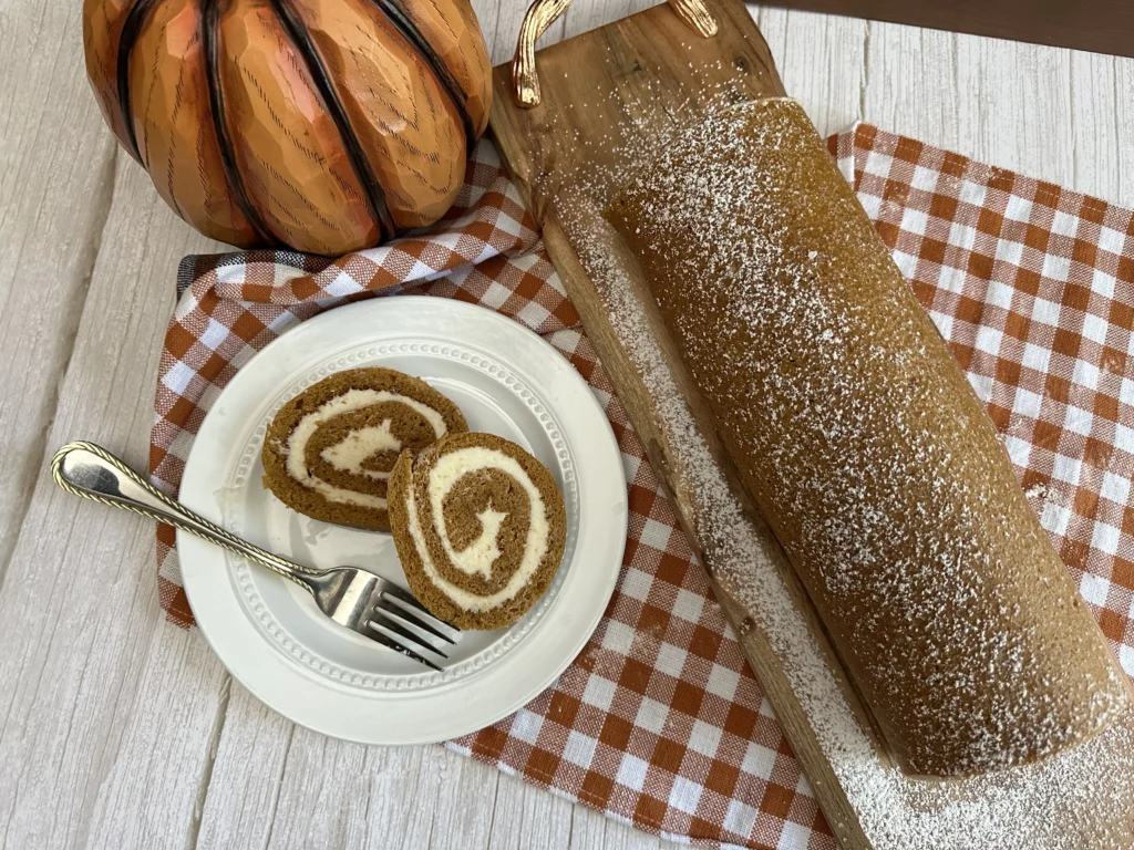 potato flake sourdough pumpkin roll with cream cheese filling