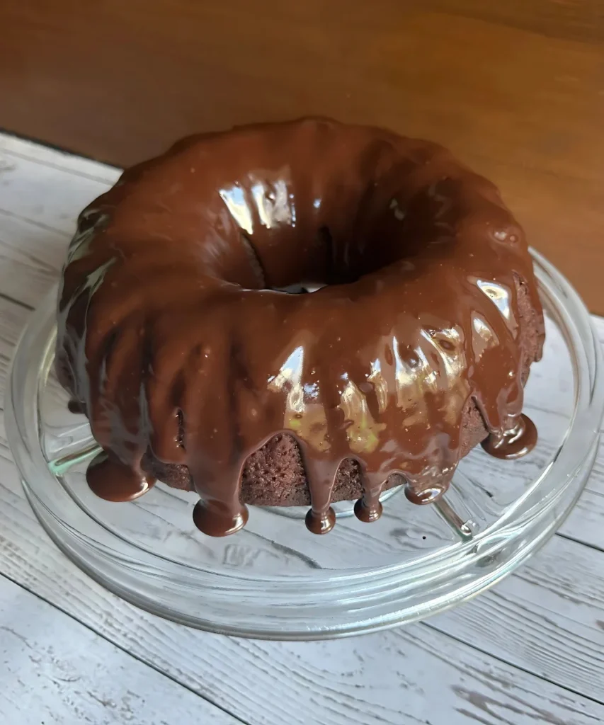 potato flake sourdough chocolate cake with thick chocolate glaze