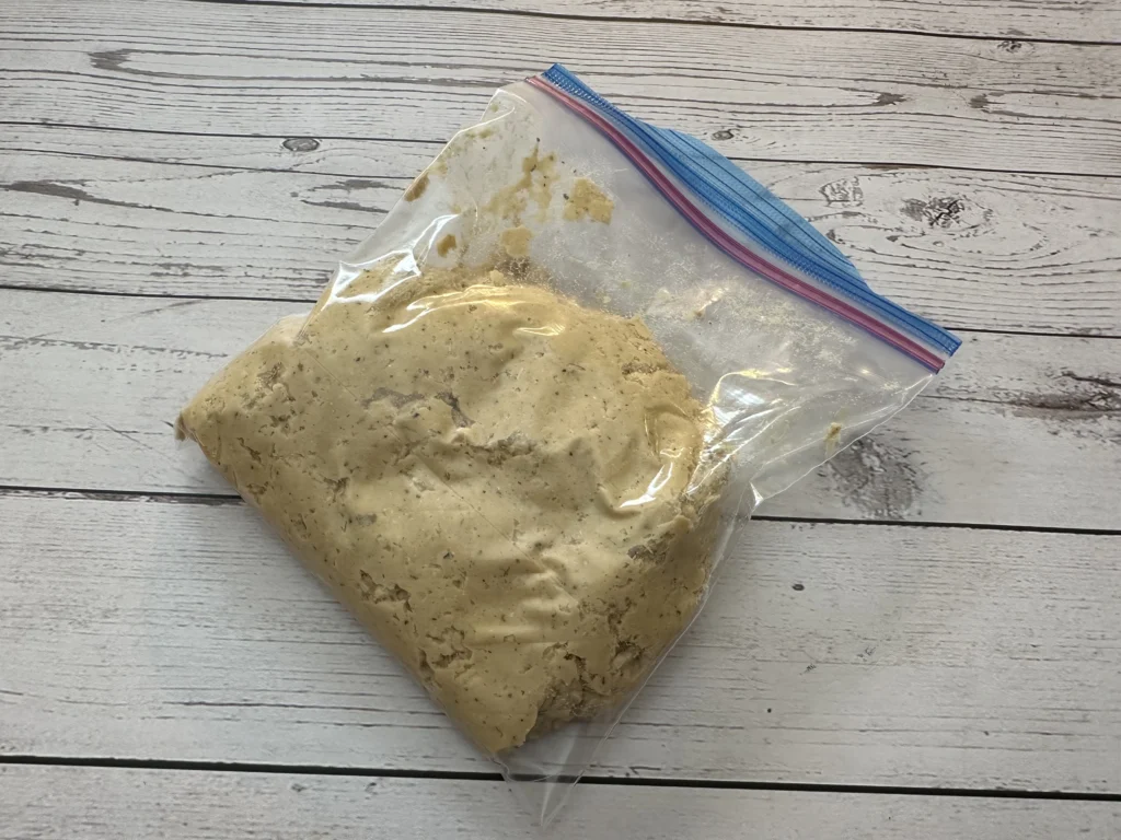 salmon fish stick batter in zip loc bag for piping