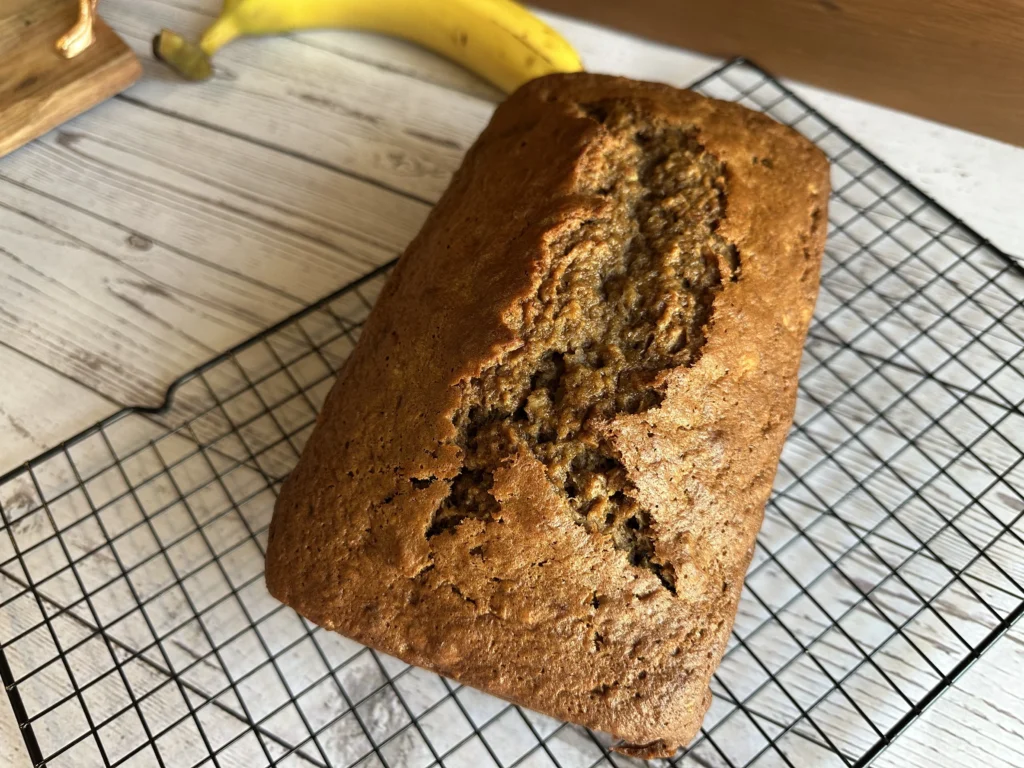 potato flake sourdough banana bread on cooling rack